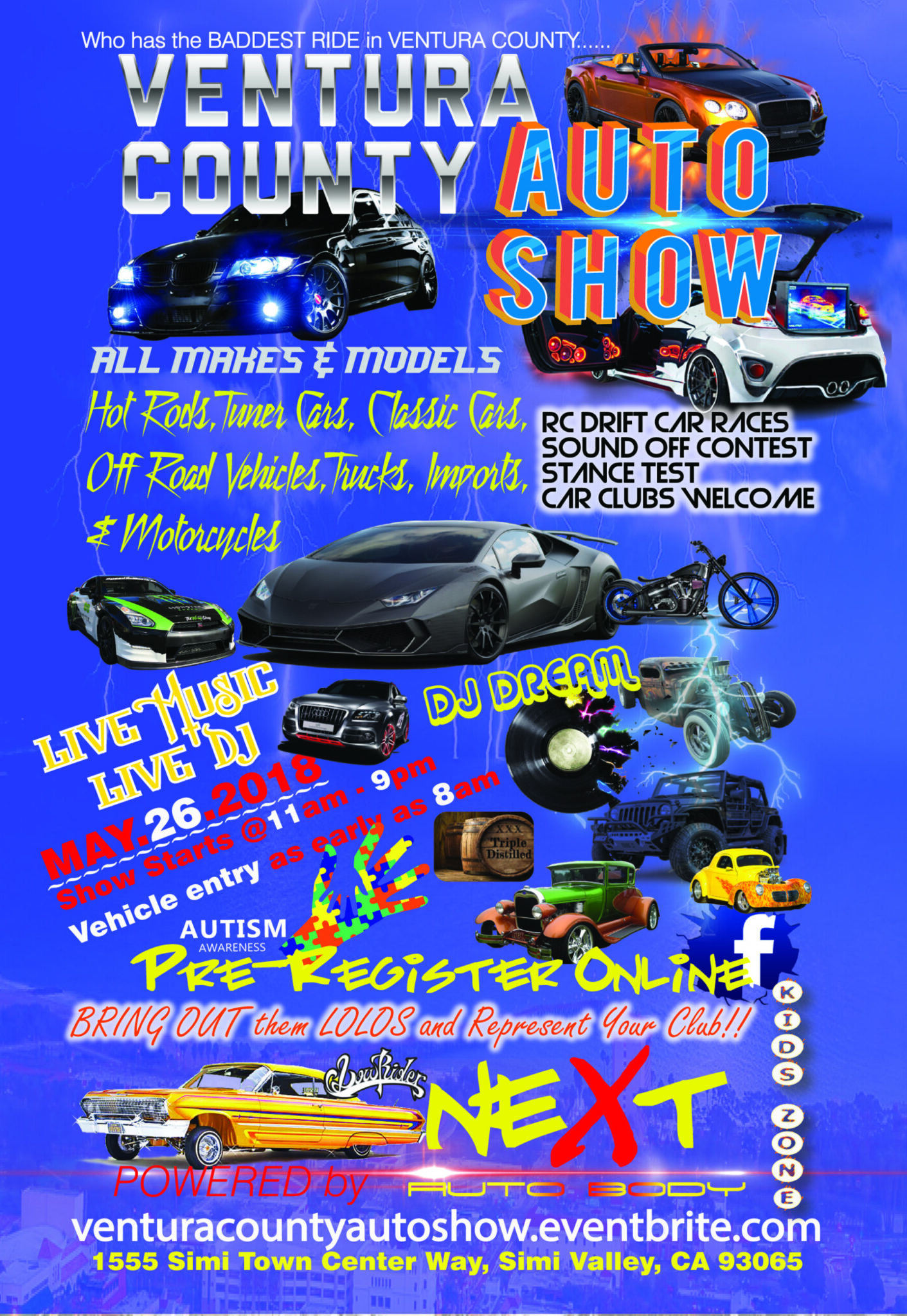 Promotional poster for Ventura County Auto Show on May 26, 2018, featuring various cars and performance details. Event includes drift car races, live DJ, and activities. Registration info provided.