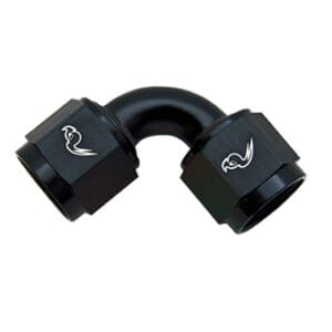 A black 90 Degree (Flare to Flare Adapter) hose fitting with engraved logos on each end.