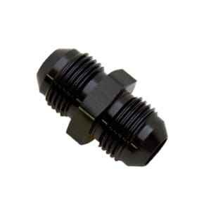 A black metal Flare Union adapter featuring a hexagonal middle section and threaded ends.